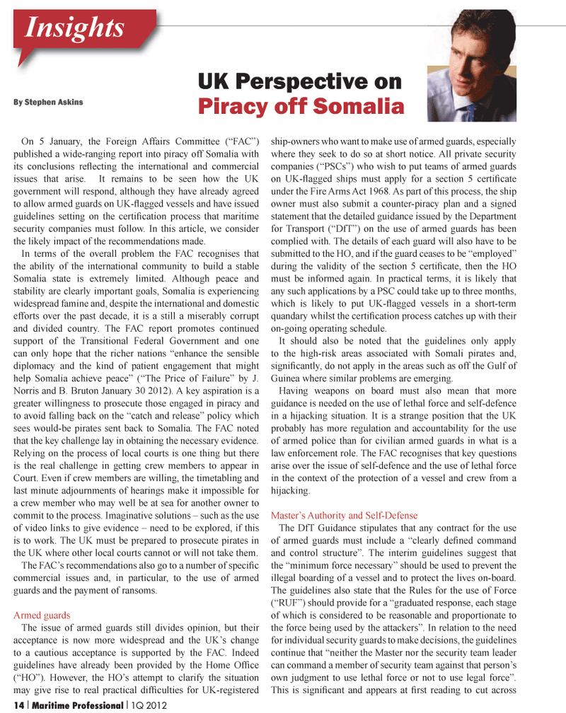 Maritime Logistics Professional Magazine, page 14,  Q1 2012