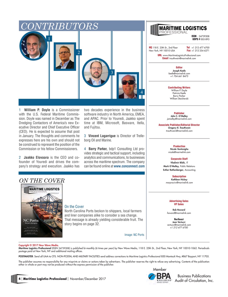 Maritime Logistics Professional Magazine, page 4,  Nov/Dec 2017