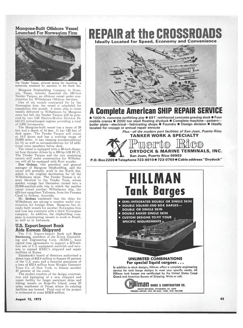 Maritime Reporter Magazine, page 39,  Aug 15, 1973