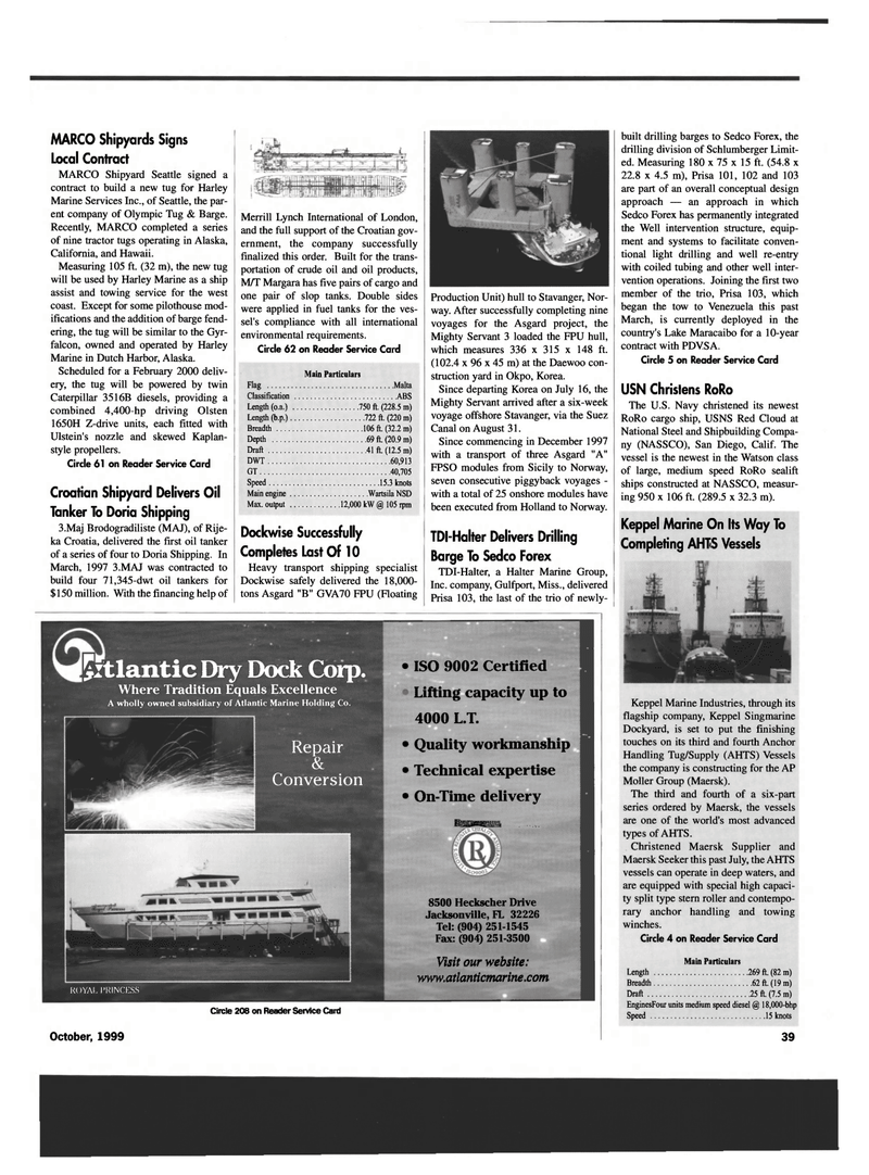 Maritime Reporter Magazine, page 39,  Oct 1999