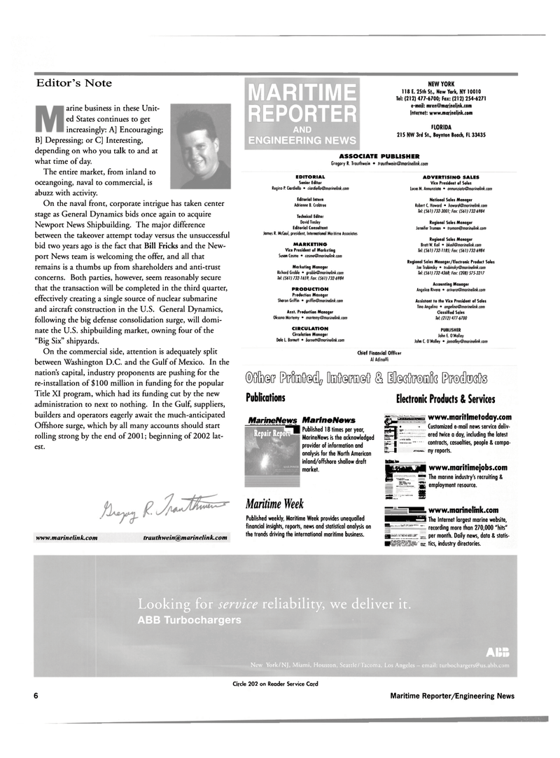 Maritime Reporter Magazine, page 6,  May 2001