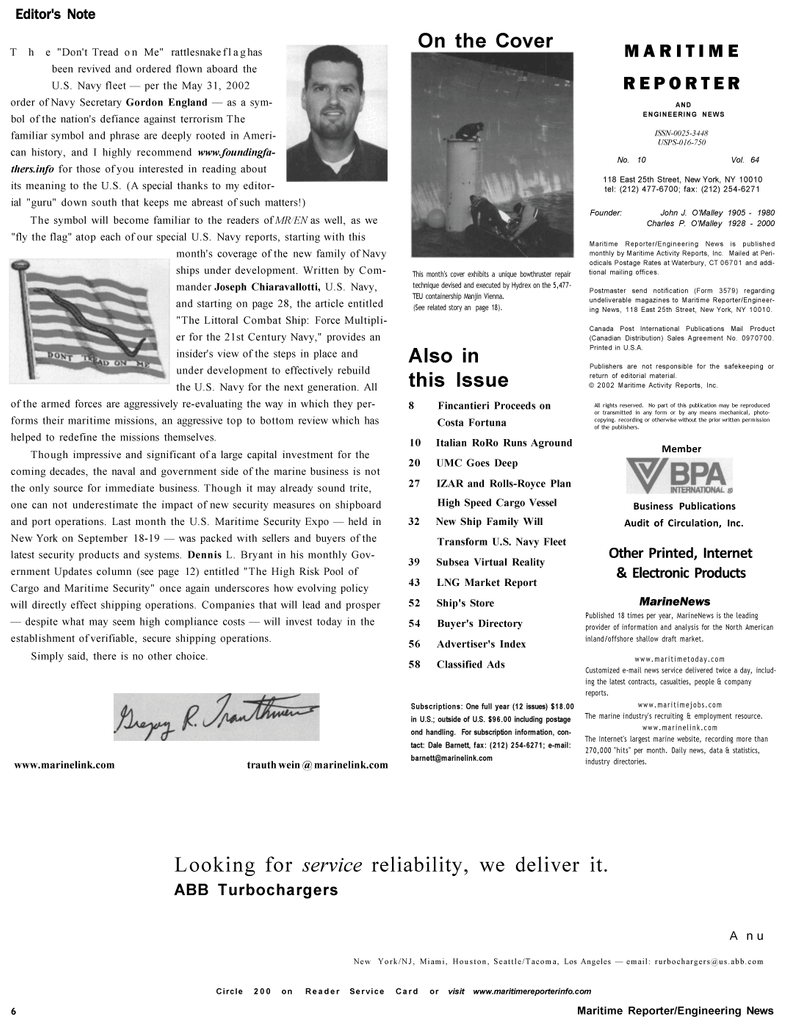 Maritime Reporter Magazine, page 6,  Oct 2002
