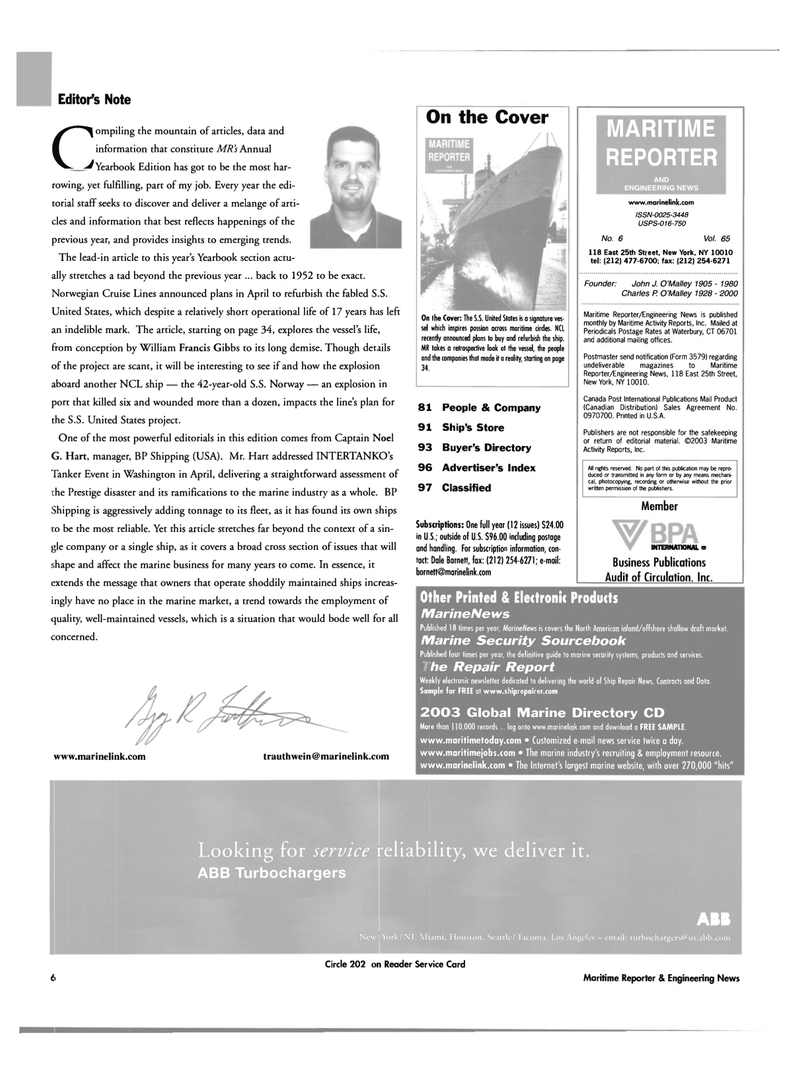 Maritime Reporter Magazine, page 6,  Jun 2003