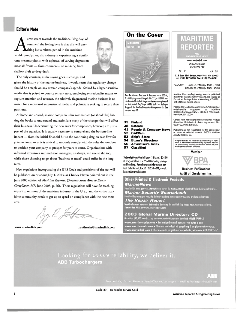 Maritime Reporter Magazine, page 6,  Jul 2003