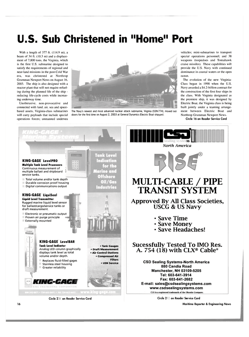 Maritime Reporter Magazine, page 16,  Sep 2003