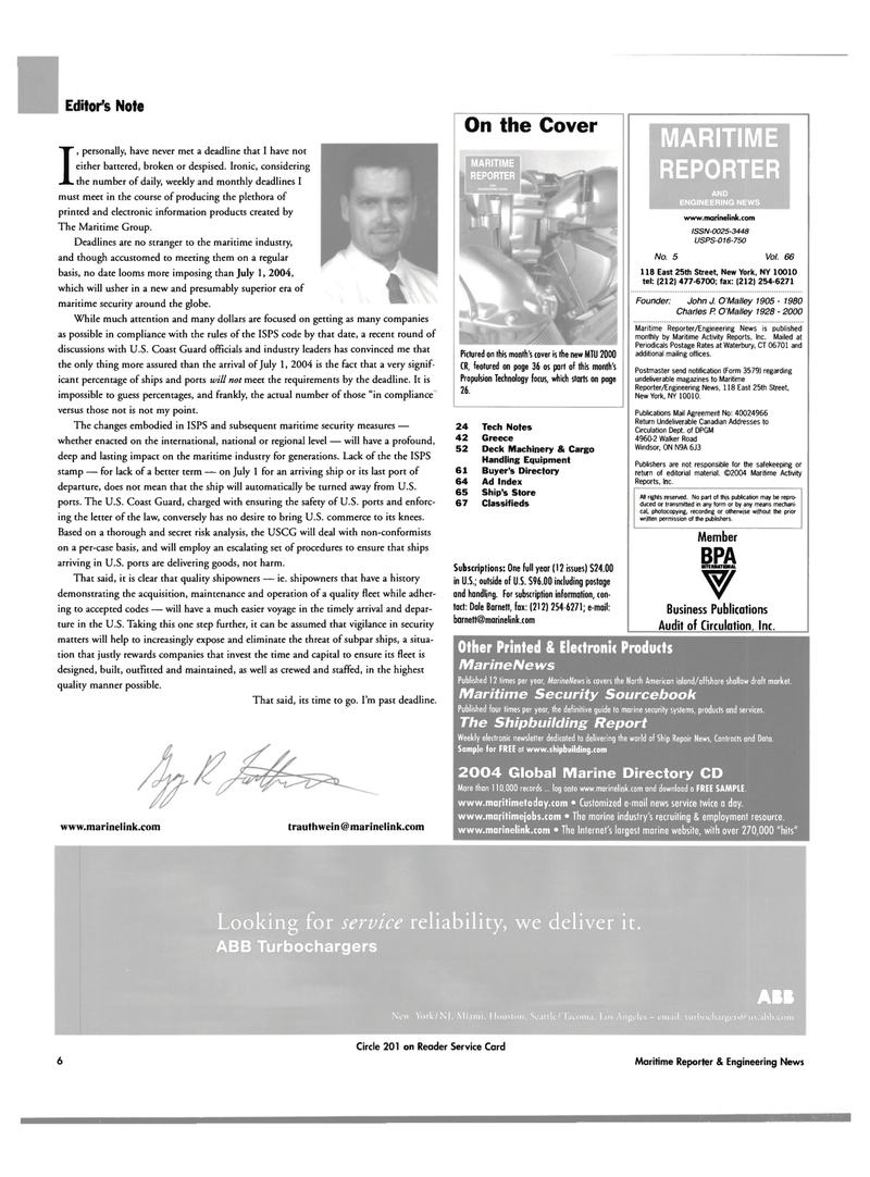 Maritime Reporter Magazine, page 6,  May 2004