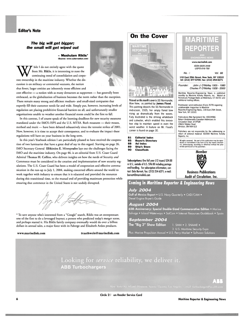 Maritime Reporter Magazine, page 6,  Jun 2004