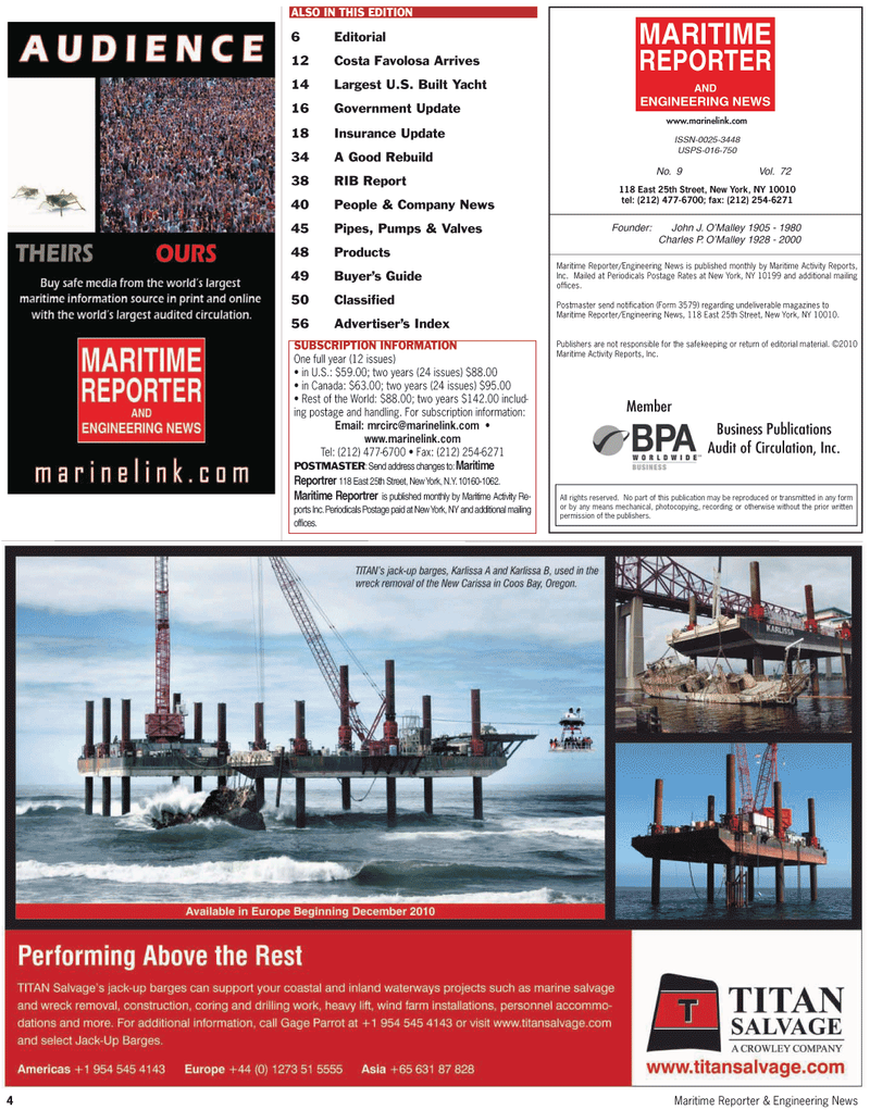 Maritime Reporter Magazine, page 4,  Sep 2010