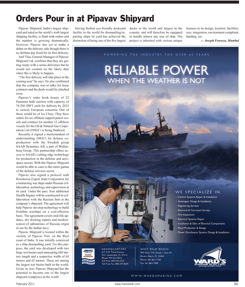 Maritime Reporter Magazine, page 11,  Feb 2011