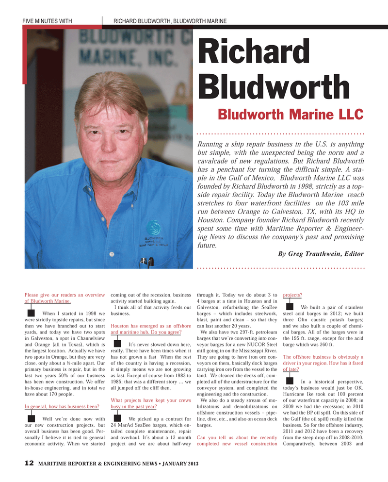 Maritime Reporter Magazine, page 12,  Jan 2013