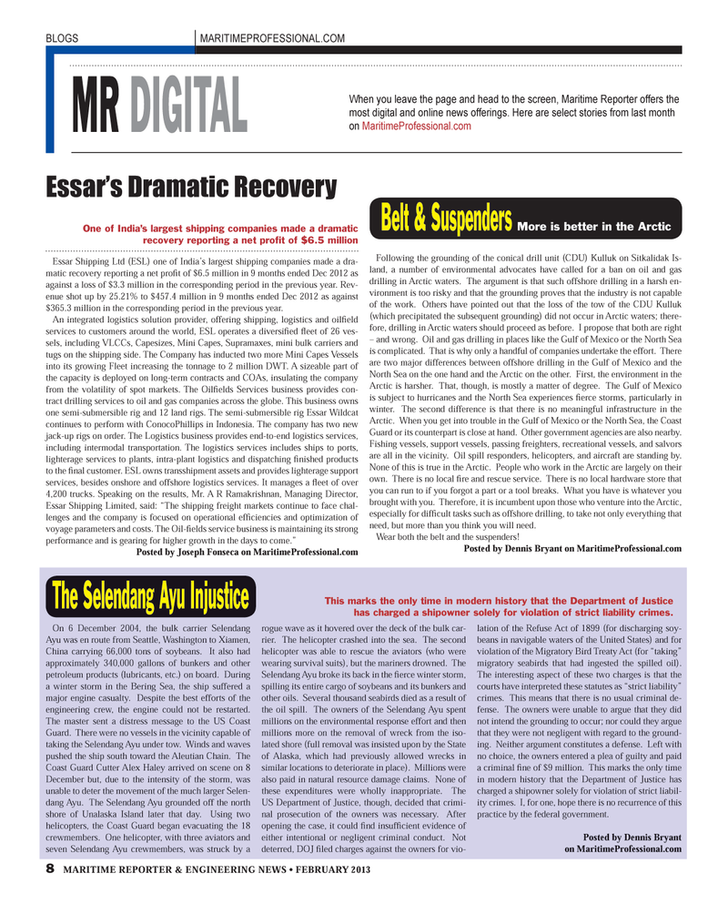 Maritime Reporter Magazine, page 8,  Feb 2013