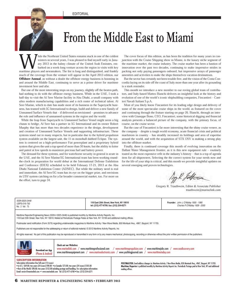 Maritime Reporter Magazine, page 6,  Feb 2013