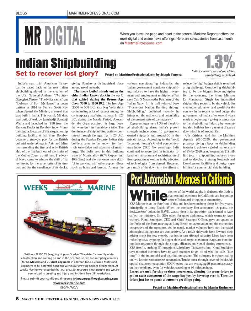 Maritime Reporter Magazine, page 8,  Apr 2013