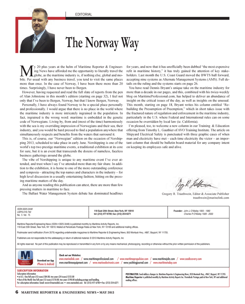 Maritime Reporter Magazine, page 6,  May 2013