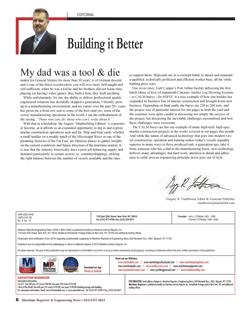 Maritime Reporter Magazine, page 6,  Aug 2013