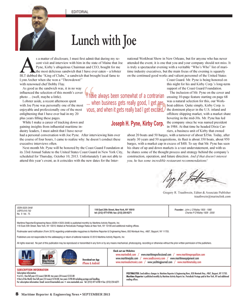 Maritime Reporter Magazine, page 8,  Sep 2013