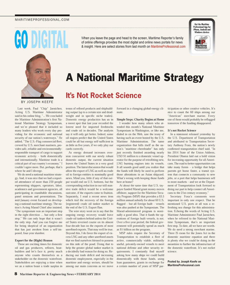 Maritime Reporter Magazine, page 8,  Feb 2014