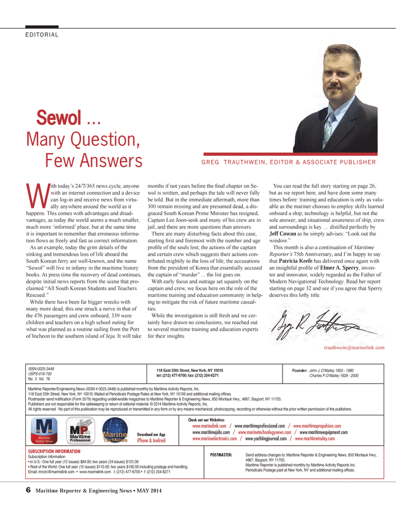 Maritime Reporter Magazine, page 6,  May 2014