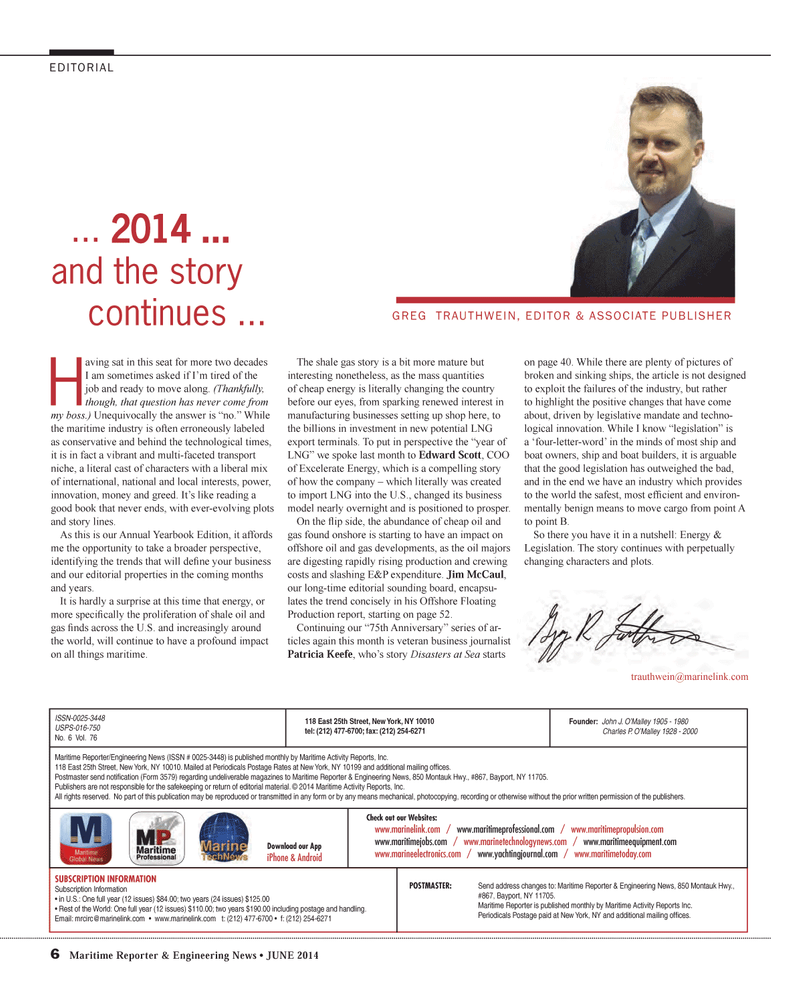 Maritime Reporter Magazine, page 6,  Jun 2014