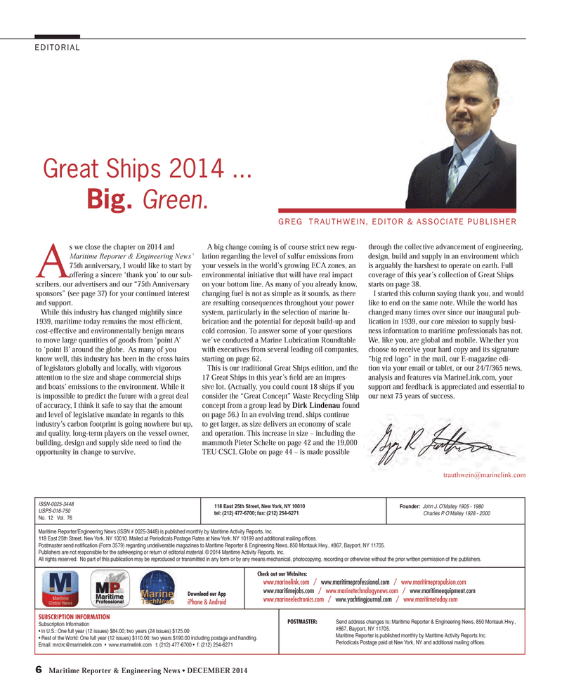 Maritime Reporter Magazine, page 6,  Dec 2014