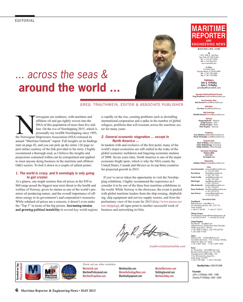 Maritime Reporter Magazine, page 6,  May 2015