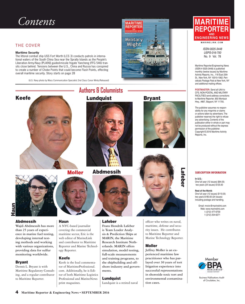 Maritime Reporter Magazine, page 4,  Sep 2016