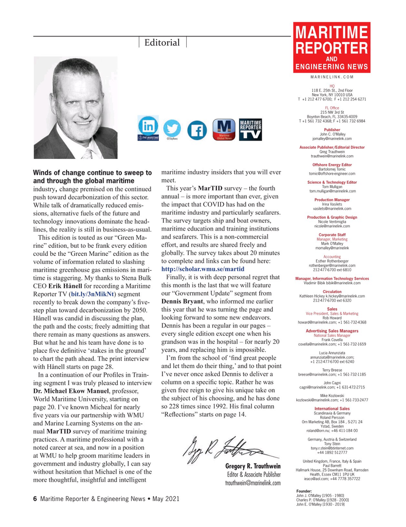 Maritime Reporter Magazine, page 6,  May 2021