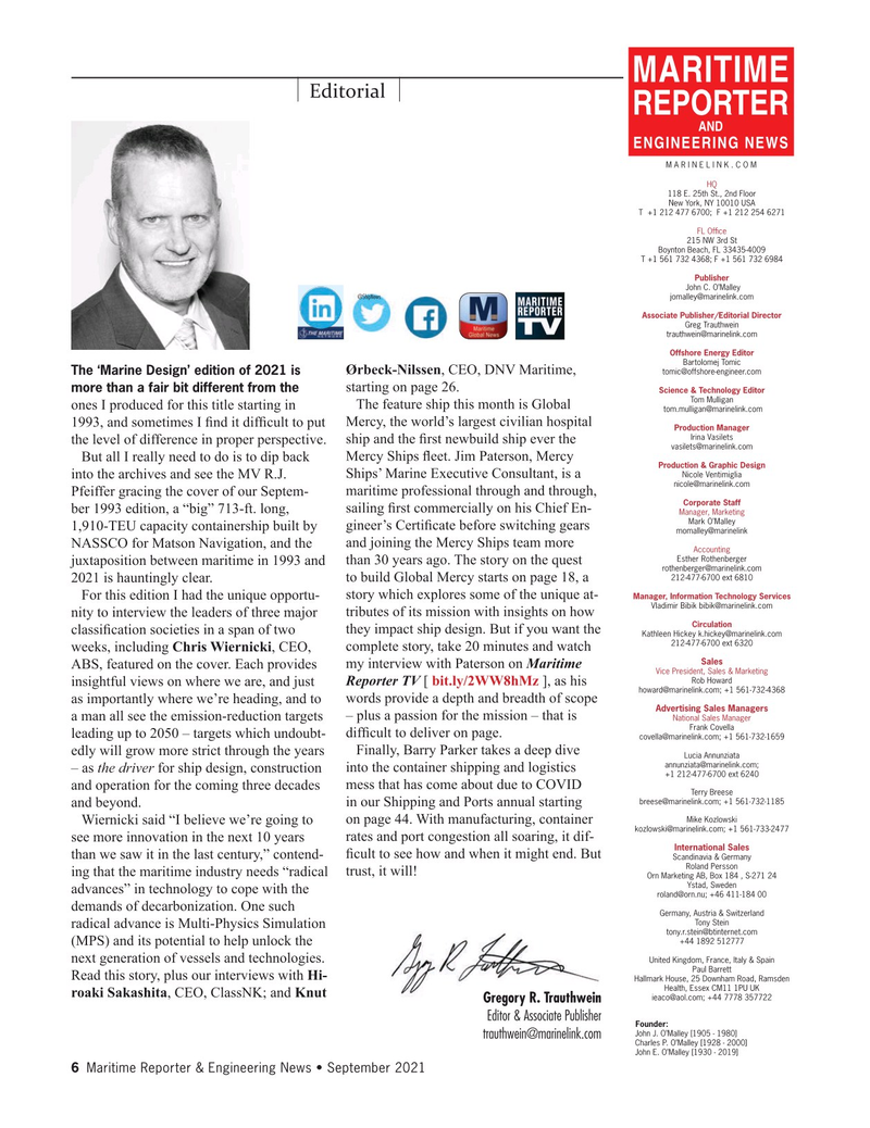 Maritime Reporter Magazine, page 6,  Sep 2021