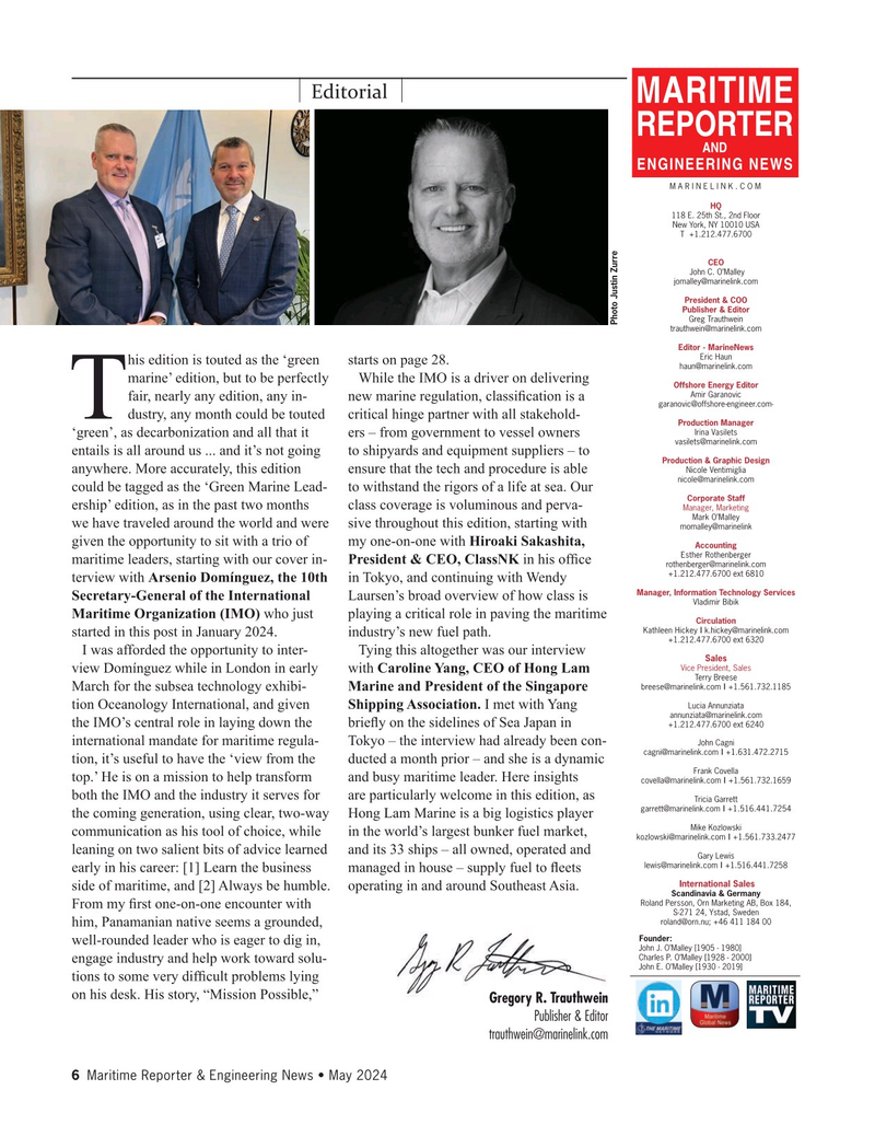 Maritime Reporter Magazine, page 6,  May 2024