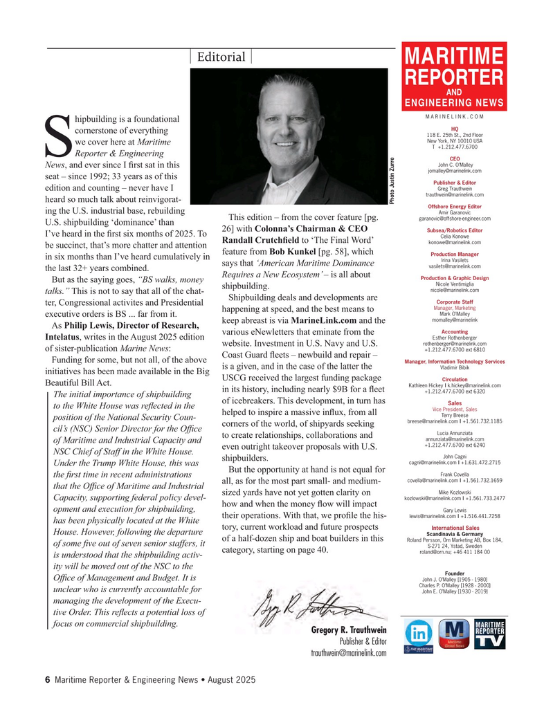 Maritime Reporter Magazine, page 6,  Aug 2025