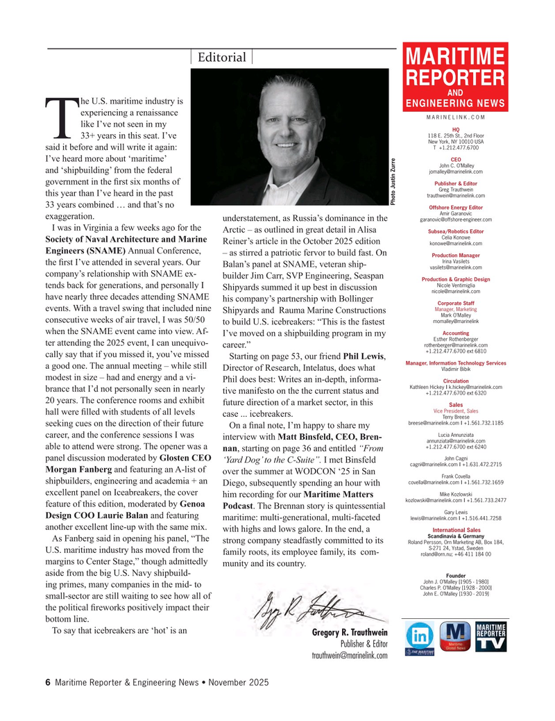 Maritime Reporter Magazine, page 6,  Nov 2025