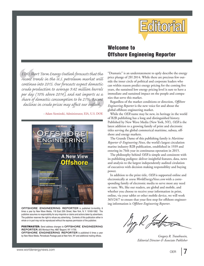 Offshore Energy Reporter Magazine, page 5,  Jan 2015