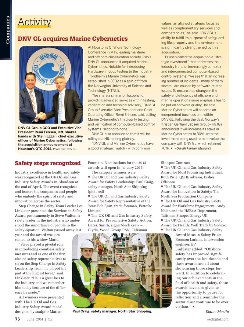 Offshore Engineer Magazine, page 74,  Jun 2014