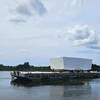 A grand block for DDG 135 arrives by barge for final integration at HII’s Ingalls Shipbuilding division in August 2025 after being constructed, inspected and accepted at Eastern Shipbuilding Group’s Nelson Facility. © ESG