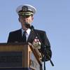 Capt. Brett Crozier addresses the crew for the first time as commanding officer of the aircraft carrier USS Theodore Roosevelt (CVN 71) during a change of command ceremony in November 2019. (U.S. Navy photo by Sean Lynch)