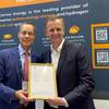 Olaf Drews, Head of Engines & Pressurized Equipment Maritime DNV and Fredrik Witte, CEO of Corvus Energy with the type approval certificate for the Corvus Pelican Fuel Cell. (Photo: Corvus Energy)