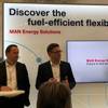 Stefan Eefting, SVP PrimeServ, MAN ES (left) and Christian P. Hoepfner, Managing Director, Wessels Marine, announcing the plan to run the containership Wes Amelie on Synthetic Natural Gas. Photo: Greg Trauthwein