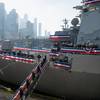 The crew of the Navy’s newest Arleigh Burke-class guided-missile destroyer USS John Basilone (DDG 122) brings the ship to life during the ship's commissioning ceremony in New York City Nov. 9, 2024. (DoD photo by EJ Hersom)