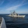The Peruvian frigate BAP Quiñones (FM 58) is underway alongside the Ticonderoga-class guided-missile cruiser USS Lake Champlain (CG 57) during a leapfrog exercise. Lake Champlain is participating in Silent Forces Exercise 2018 with the Peruvian and Colombian navies. (U.S. Navy photo by Mass Communication Specialist 1st Class Nathan Carpenter/)
