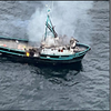 The Tarka II as seen on the U.S. Coast Guard overflight (left) and the Tarka II as seen by the captain upon returning to the vessel (right), both on the night of the fire. (Sources: U.S. Coast Guard and Tarka II captain)