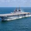 The U.S. Navy amphibious assault ship USS Tripoli (LHA-7) conducts builder's trials in the Gulf of Mexico in July 2019. (U.S. Navy photo courtesy of Huntington Ingalls Industries by Derek Fountain)