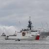U.S. Coast Guard Cutter Calhoun approaches Lower Manhattan during the Parade of Ships for Fleet Week New York 2025, May 21, 2025. Fleet Week offers the public a chance to meet Coast Guard personnel and learn about maritime missions and capabilities. (U.S. Coast Guard photo by Petty Officer 2nd Class Sydney Phoenix)