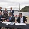 YARA signs deal with VARD to build Yara Birkeland. L-R: President and CEO of YARA, Svein Tore Holsether; COO of VARD, Magne O. Bakke; President & CEO of KONGSBERG, Geir HÄÞy (Photo: KONGSBERG)