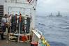A cable-lowered sampling system was used to collect samples for lab analysis of the plume. (Credit: WHOI/Dan Torres)