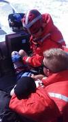 A Coast Guard Station Grays Harbor crew aboard a 29-foot Response Boat-Small II rescues a man who was swept out to sea while wading in the water near the Grays Harbor north jetty at Ocean Shores, Wash., July 17, 2016.The man was taken back to Station Grays Harbor where he was met by local emergency medical services for further medical care. U.S. Coast Guard photo by Coast Guard Station Grays Harbor.
