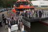 Attendees pose for a photo with OWS’ new Damen FCS 2008 vessel, Offshore Waddenzee, during the christening ceremony at Damen Oranjewerf Amsterdam, on August 22 (Photo: Damen)
