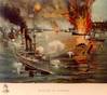Battle of Manila Bay, 1 May 1898. Contemporary colored print showing USS Olympia in the left foreground, leading the U.S. Asiatic Squadron in destroying the Spanish fleet off Cavite. A vignette portrait of Rear Admiral George Dewey is featured in the lower left. (U.S. Naval History & Heritage Command Photograph)