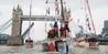 London's Tower Bridge opens its gates to welcome home fleet of Clipper Round the World yacht race, Saturday, July 30, 2016. Photo: Clipper Round the World Yacht Race
