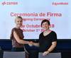 Pamela Skaufel, of Exxon Mobil, and Niurka Sancho, of Cepsa, during the signing of the agreement renewal. Photo: Cepsa