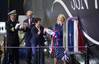 Ship's sponsor Jill Biden reacts after christening the submarine Delaware (SSN 791). Also pictured (left to right) are Cmdr. Brian Hogan, the submarine's commanding oficer; Sen. Thomas Carper, D-Del.; and Newport News Shipbuilding President Jennifer Boykin. Photo by John Whalen/Huntington Ingalls Industries
